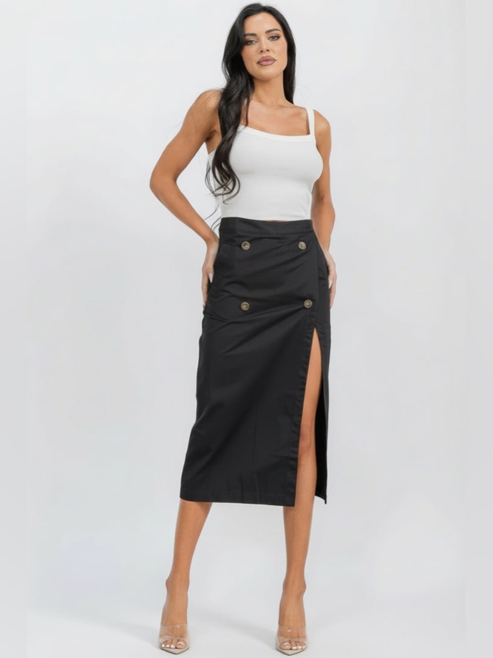 Button Detail High Slit Midi Skirt – Sleek Tailored Pencil Skirt - Picture 5 of 8